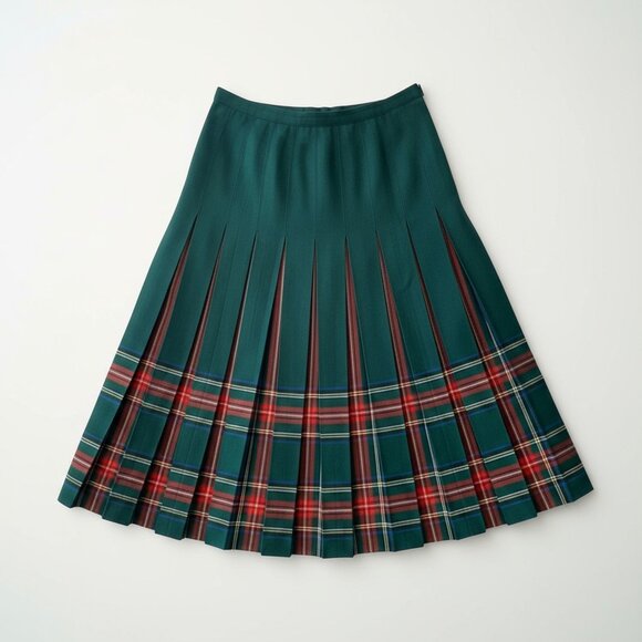 AlJean of Canada VTG Tartan Pleated Skirt Virgin Wool Layered Midi Dark Academic - Picture 1 of 13